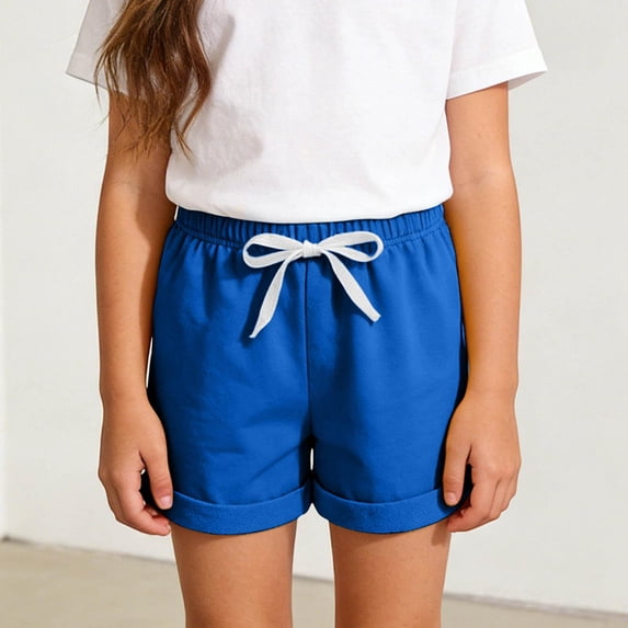 ATOGUTA Girls Gym Shorts With Pockets Size 1T-8 Kids Loose Elastic Waist Short Pants Teen Summer Casual Jorts Blue
