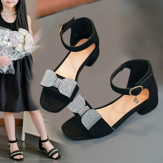ATOGUTA Girls Hiking Sandals Black Kids Heels Open Toe Ankle Strap Dress Shoes Flower Wedding Party for Little Big Kid