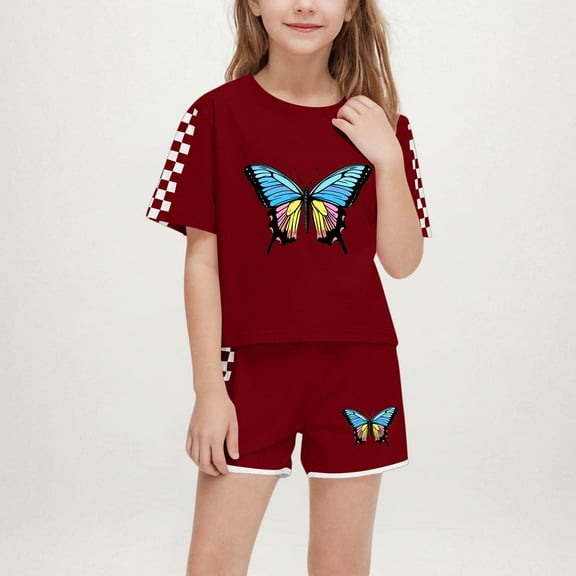 ATOGUTA Girls Holiday Outfits T-Shirt Tops and Short Pants 2PCS Girls Summer Outfits Wine, Size 5-14 Years