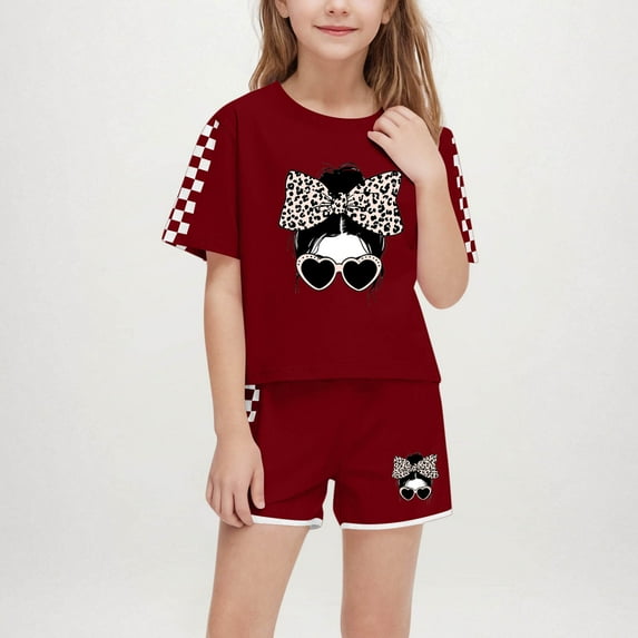ATOGUTA Girls Holiday Outfits T-Shirt Tops and Short Pants 2PCS Girls Summer Outfits Wine, Size 5-14 Years