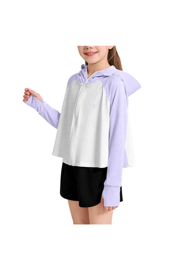 Girls Hooded Jacket Kids Lightweight Color Block Sun Protection Jackets Size 1T-13, Purple
