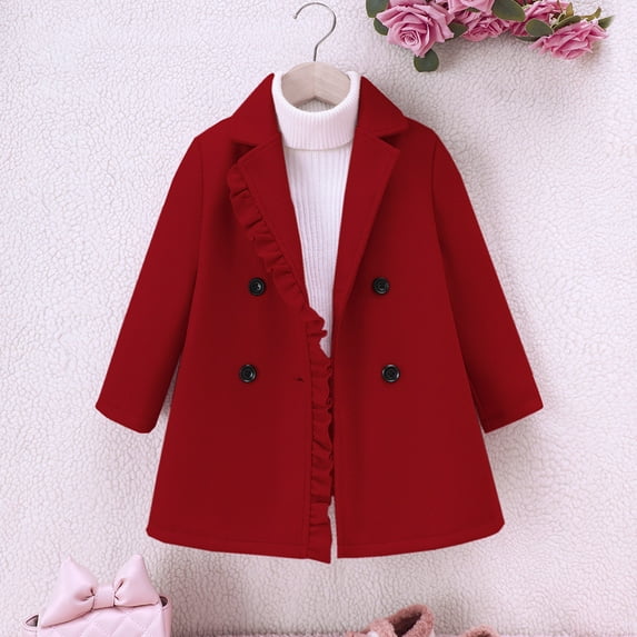 ATOGUTA Girls Jackets Dress Coat Wool Peacoat with Lapel Pockets Winter Warm Long Jacket for Kids Size 2T-8, Red