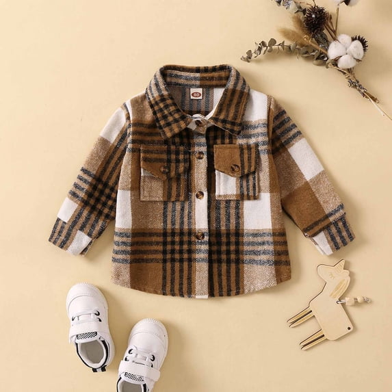 ATOGUTA Girls Jackets Plaid Shirt Long Sleeve Button Down Flannel Shirts Brown, Size 6M-5T