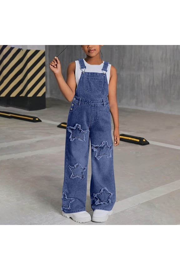Girls Jeans Casual Baggy Wide-leg Denim Overalls Jumpsuit Size 6-13, Dark Blue