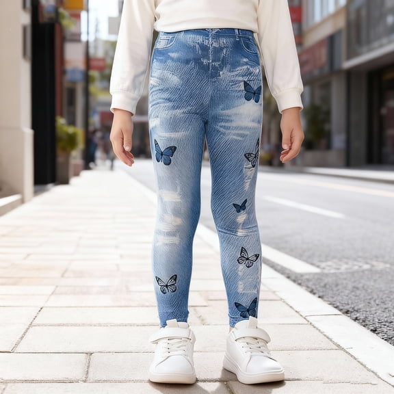 ATOGUTA Girls Jeans Elastic High Waist Print Leggings Slim Long Pant Size 1T-8, Blue