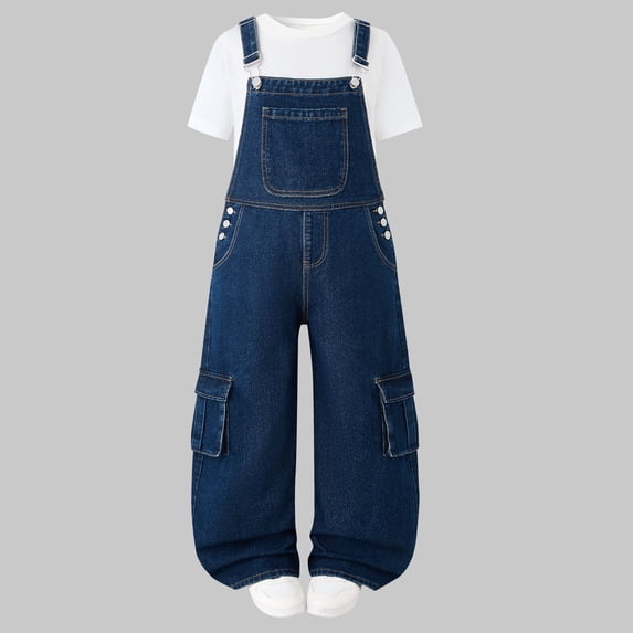 ATOGUTA Girls Jeans Jumpsuit Denim Overalls Casual High Stretch Wide Leg Bib Overalls with Pockets for Kids Jeans Pants Size 7-13, Blue