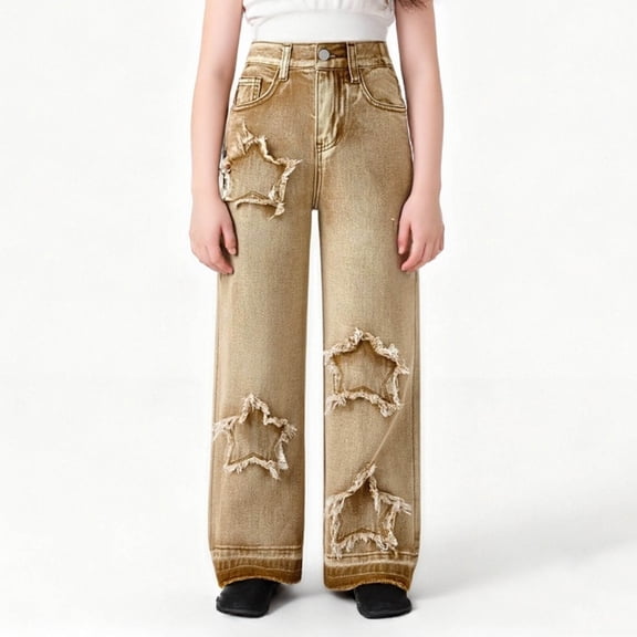 ATOGUTA Girls' Jeans Straight Leg Baggy Jeans Elastic High Waist Denim Pants Size 6-13, Khaki