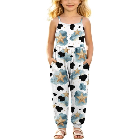 ATOGUTA Girls Jumpers And Rompers Casual Sleeveless Spaghetti Strap Loose Romper Long Pants with Pockets Blue