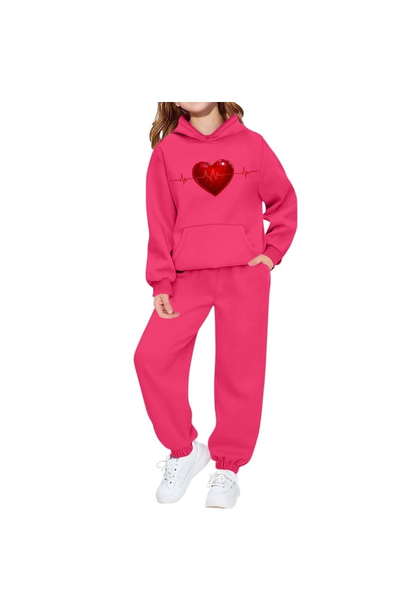 Girls Kids Set Clothing Valentine's Day Sweatsuits Pant Set Long Sleeve Athletic Sweatshirts and Sweatpants with Pockets Size 2T-13, Hot Pink