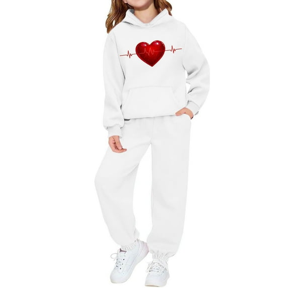 ATOGUTA Girls Kids Set Clothing Valentine's Day Sweatsuits Pant Set Long Sleeve Athletic Sweatshirts and Sweatpants with Pockets Size 2T-13, White