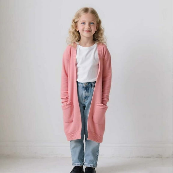 ATOGUTA Girls Long Cardigans Kids Casual Long Sleeve Open Front Knitted Sweater Size 3T-11, Pink