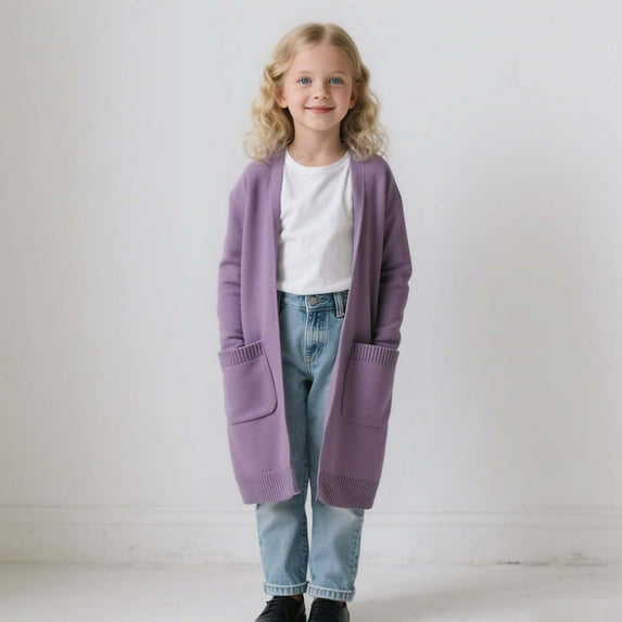 ATOGUTA Girls Long Cardigans Kids Casual Long Sleeve Open Front Knitted Sweater Size 3T-11, Purple