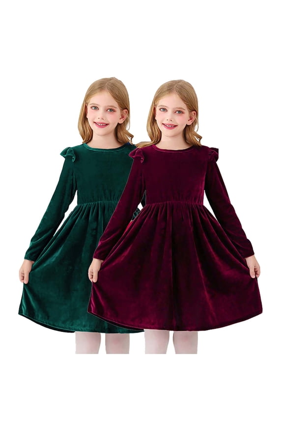 Girls Long Sleeve Casual Velvet Dress with Ruffle Princess Dress Christmas Party Dress Size 5T-12, Red