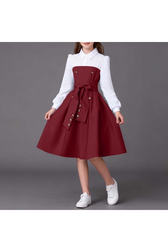 Girls Long Sleeve Dress Kids Long Sleeve Party Birthday Prom Formal Fancy Midi Dress Size 8-13, Red