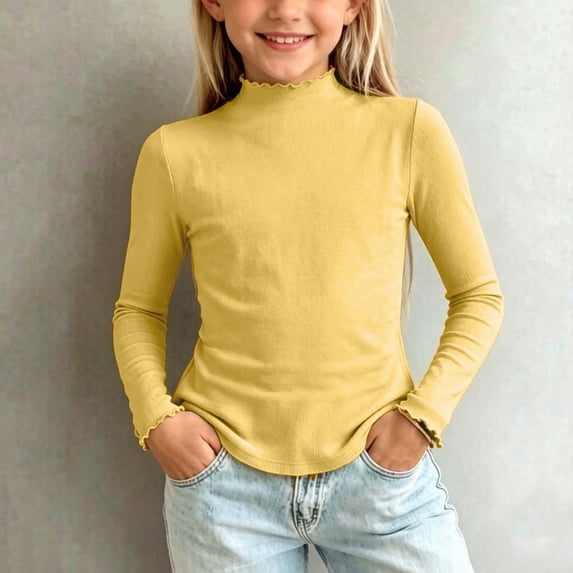 ATOGUTA Girls' Long Sleeve Shirts Mock Neck Casual Cute Tops Basic Tees Kids Clothes Size 0-12, Yellow