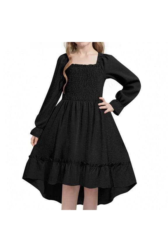 Girls Long Sleeve Skater Dress Kids Fall Square Neck Holiday Party Dresses Size 4T-14, Black