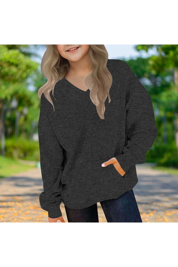 Girls Long Sleeve Sweatshirt Graphic Cute Preppy V Neck Sweatshirt Pullover Top Size 2T-12, Dark Gray
