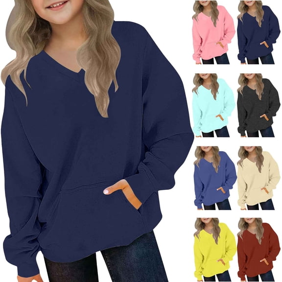 ATOGUTA Girls Long Sleeve Sweatshirt Graphic Cute Preppy V Neck Sweatshirt Pullover Top Size 2T-12, Navy