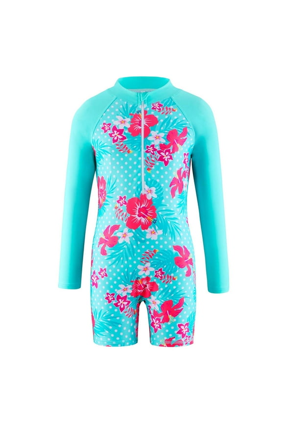 Girls Long Sleeve Swimsuits Beach Bathing Suits Sunsuits Zipper Blue, Size 4T-11