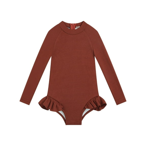 ATOGUTA Girls Long Sleeve Swimsuits One Piece Rash Guard Bathing Suit Toddler Kids Zipper Swimwear Brown, Size 1T-5T