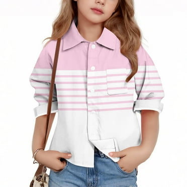 ATOGUTA Girls' Long Sleeve Tops Kids Everyday Soft School Uniform Button Down Shirt Pink, 3T-16