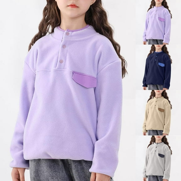 ATOGUTA Girls Long Sleeve Tops Size 5T-15 Boys Fleece Crew Neck School Sports Tees Cute Casual Pullovers Tops Purple