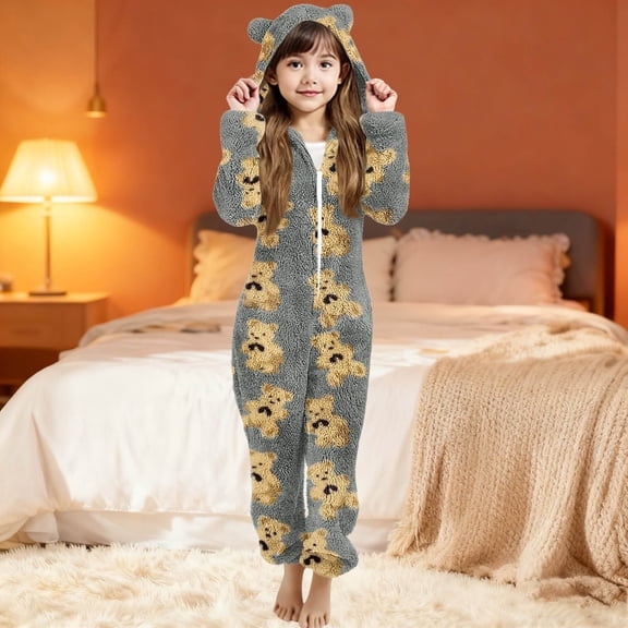 ATOGUTA Girls Loose Pajamas Pants Unisex Kids Fleece Hooded Jumpsuits Long Sleeve Rompers Sleepwear Outfits Size 5T-15, Gray