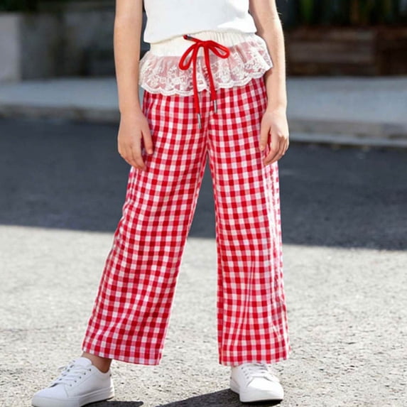 ATOGUTA Girls Lounge Pants Wide Leg School Uniform Pants Kids Elastic Waist Flowy Summer Beach Lounge Trousers with Pockets Size 1T-11, Red