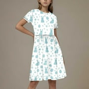 ATOGUTA Girls Midi Dress Easter Short Sleeve Dresses Casual Party School Dresses Clothes for Kids Multicolor, Size 4-14 Years