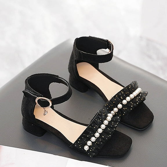 ATOGUTA Girls Open Toe Sandals Black Low Heel Dress Open Toe Sandals Flower Wedding Party for Little Kid/Big Kid