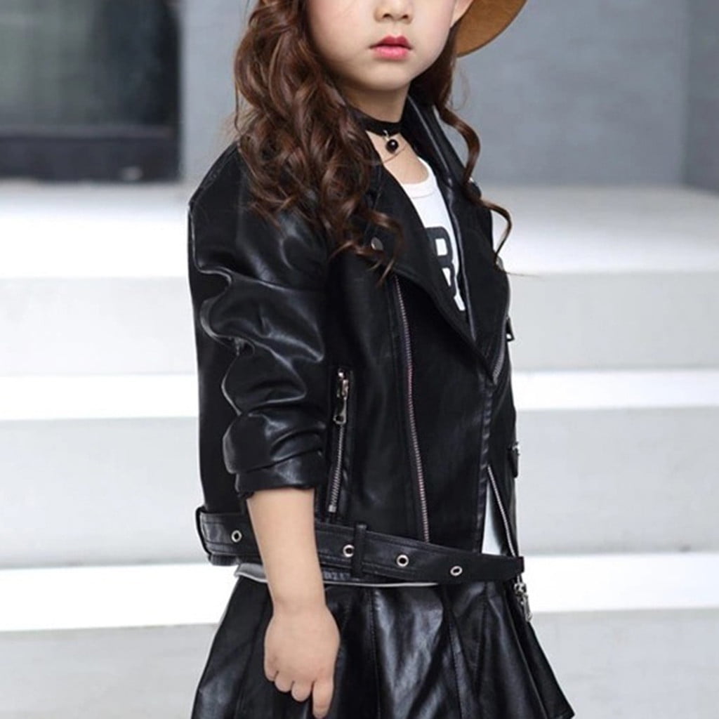 ATOGUTA Girls' Outerwear Jackets & Coats Children's Motorcycle Faux Leather Zipper Coat Black, Size 3T-13
