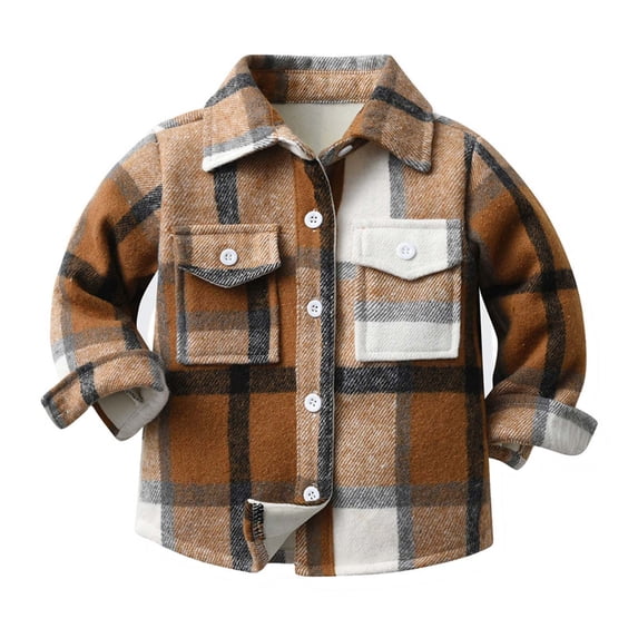 ATOGUTA Girls' Outerwear Jackets & Coats Plaid Jacket Long Sleeve Lapel Button Down Pocketed Shirts Coats Shacket Cardigan Top Coffee, Size 3M-10
