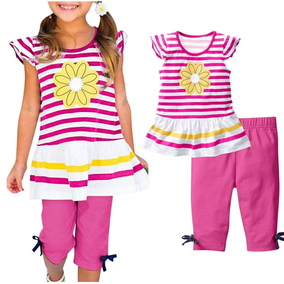 ATOGUTA Girls Outfits Casual Flutter Sleeve Tops Printed Shorts Sets Hot Pink, Size 1T-10
