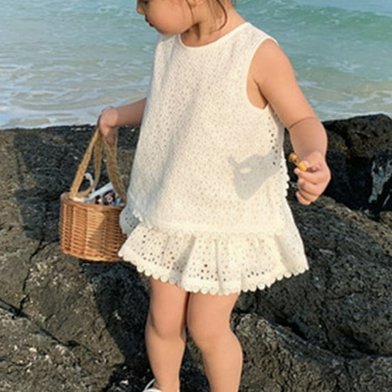 ATOGUTA Girls Outfits Hollow Cotton Open Back Tank Top Shorts 2-Piece Set White, Sizes 1T-5T