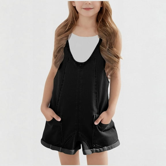 ATOGUTA Girls Overall Denim Shorts Kids Summer Adjustable Straps Jumpsuits Jeans Shortalls Black, Size 5-14 Years