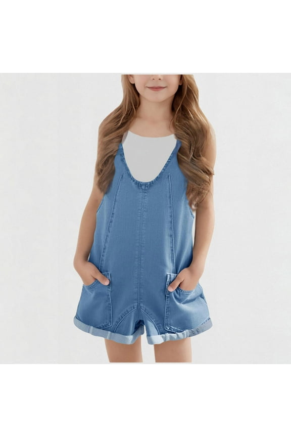 Girls Overall Denim Shorts Kids Summer Adjustable Straps Jumpsuits Jeans Shortalls Blue, Size 5-14 Years