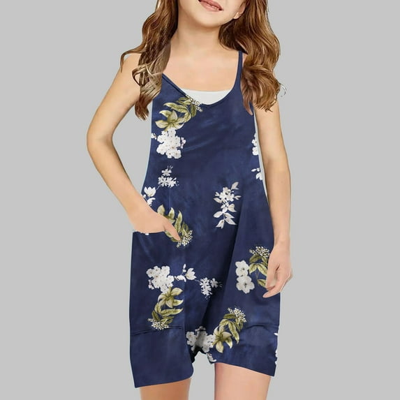 ATOGUTA Girls Overall Shorts Summer Clothes Sleeveless Spaghetti Strap Loose Kids Shorts Overalls with Pockets Blue, Size 5T-14