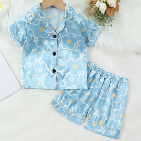 ATOGUTA Girls Pajama Set 1T-8 Short Sleeve Kids Pjs Button Down Sleepwea Light Blue