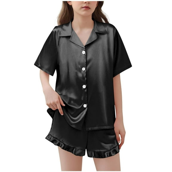 ATOGUTA Girls Pajama Sets 2pcs Button Down Short Sleeve Shorts Sleepwear Cute Nighty for Teens Size 5T-15, Black