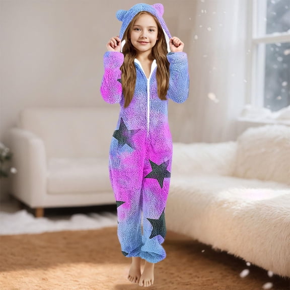 ATOGUTA Girls Pajamas Boys Pajamas Unisex Kids Fleece Hooded Jumpsuits Long Sleeve Rompers Sleepwear Outfits Size 5T-15, Purple