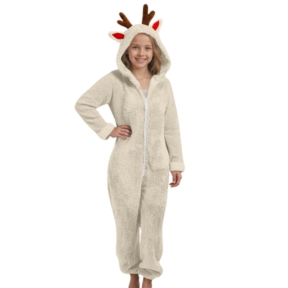 ATOGUTA Girls Pajamas Pants Fleece Unisex Kids Fleece Hooded Jumpsuits Long Sleeve Rompers Sleepwear Outfits Size 2T-13, Beige