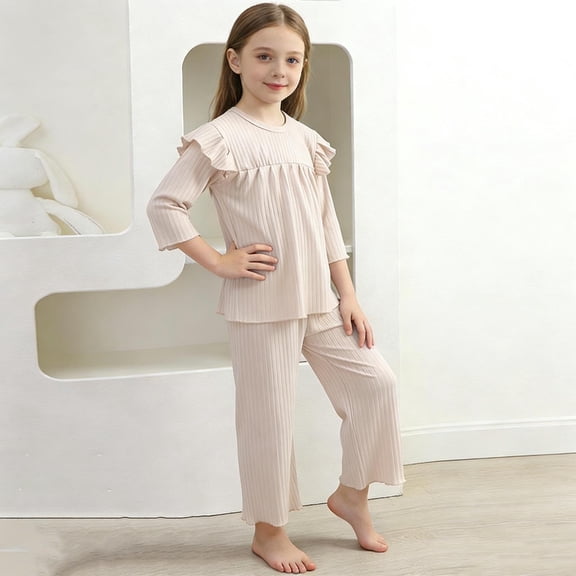 ATOGUTA Girls Pajamas Set Soft Long Sleeve Pjs Set Sleepwear Nightwear Loungewear Size 1T-10, Beige