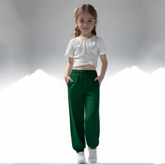 ATOGUTA Girls' Pants Active Joggers Soft Athletic Sweat Pants for Kids Youth with Pocket Size 3T-14, Army Green