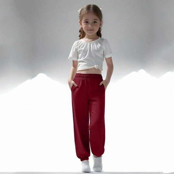ATOGUTA Girls' Pants Active Joggers Soft Athletic Sweat Pants for Kids Youth with Pocket Size 3T-14, Red