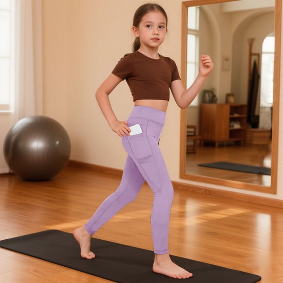 ATOGUTA Girls Pants Leggings Kids Dance Running Yoga Pants Workout Active Dance Tights with Pockets Size 4T-13, Purple