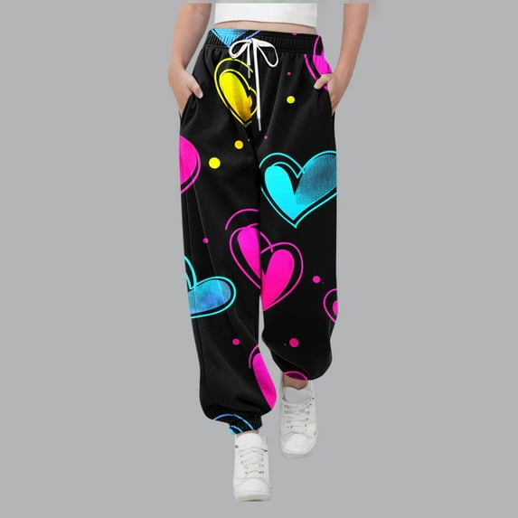 ATOGUTA Girls Pants Sweat Pants Valentine's Day Active Joggers Soft Athletic Sweat Pants for Kids Youth with Pocket Size 3T-14, Multicolor