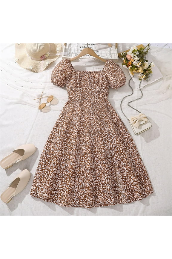 Girls Party Dress Kids Square Neck Casual Dresses Fashion Party Outfit Brown, Size 8-13