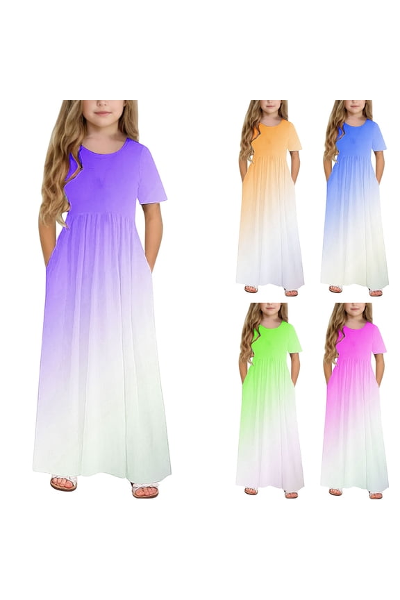 Girls Party Dresses Short Sleeve Stretchy A-Line Sundress Casual Gradient Long Dresses Pink, Size 4-14 Years