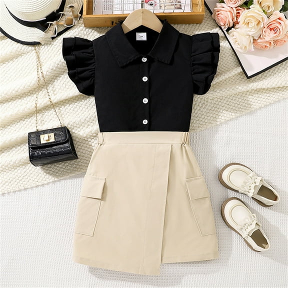 ATOGUTA Girls Photoshoot Dresses Ruffle Top and A-Line Mini Skirt 2Pcs Outfits Set Black, Size 8-13 Years