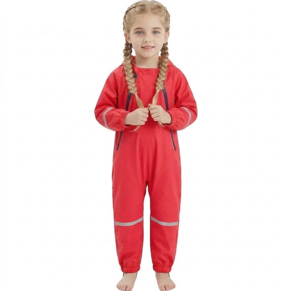 ATOGUTA Girls Rain Suit Kids Hooded Rainsuit Reflective Waterproof Raincoat for Girls and Boys Red, Size 1T-8